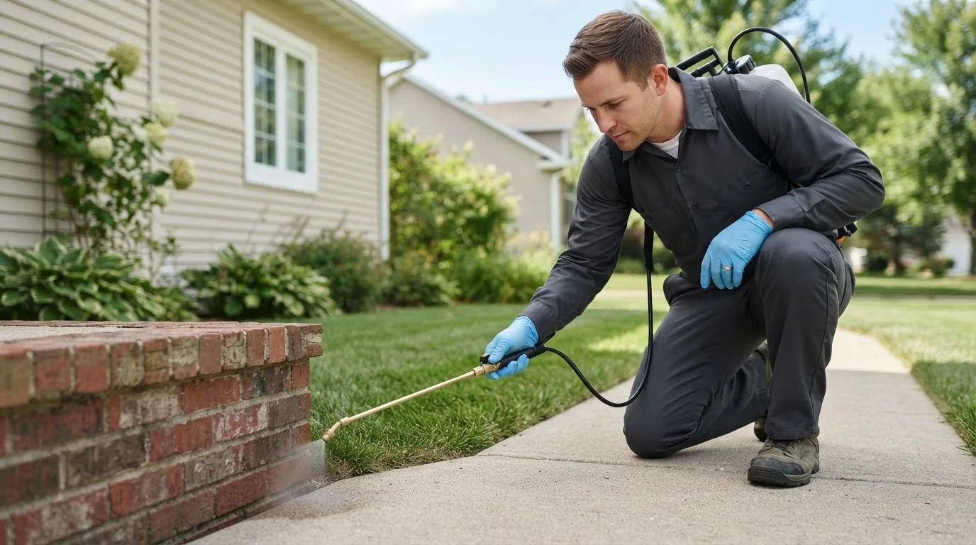 Pest control technician treating a home near Basehor, KS
